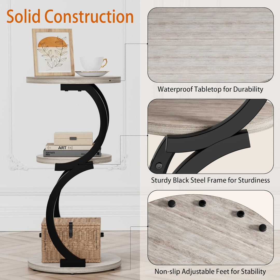 JUSTOGO Beistelltisch Rund, S-förmiges 3-stufiger Couchtisch, Kleiner Tisch Holz, Metall Nachttisch