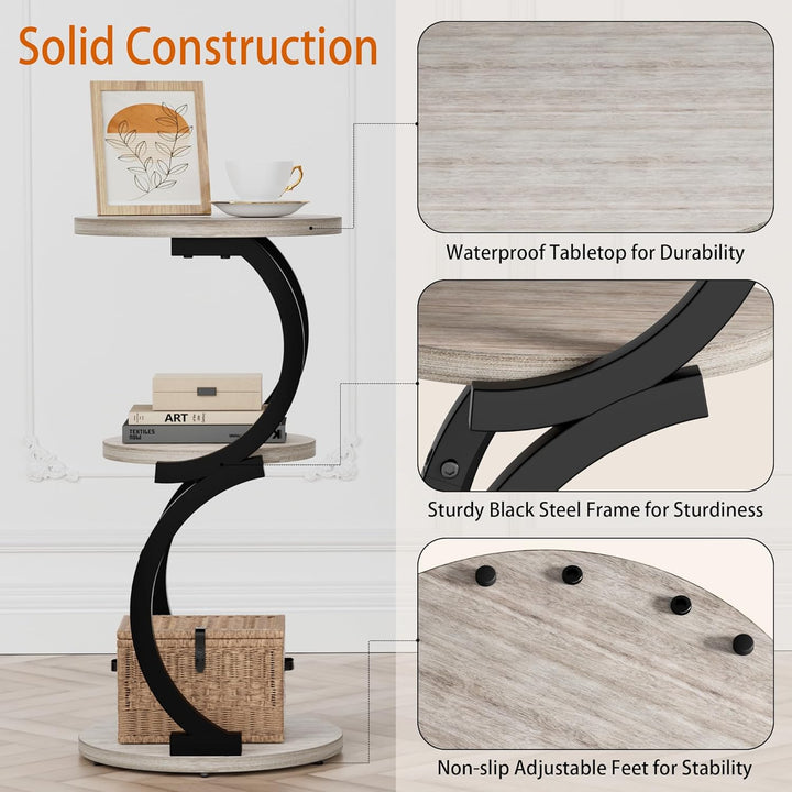 JUSTOGO Beistelltisch Rund, S-förmiges 3-stufiger Couchtisch, Kleiner Tisch Holz, Metall Nachttisch