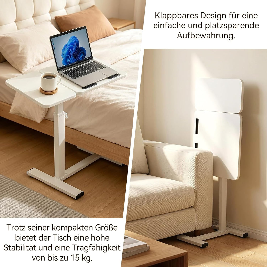 Beistelltisch mit Rollen, höhenverstellbarer Laptoptisch im C-Form Design, mobiler Sofatisch & Bettt