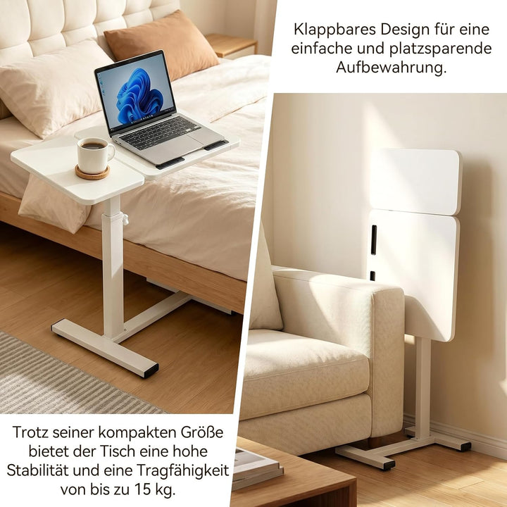 Beistelltisch mit Rollen, höhenverstellbarer Laptoptisch im C-Form Design, mobiler Sofatisch & Bettt