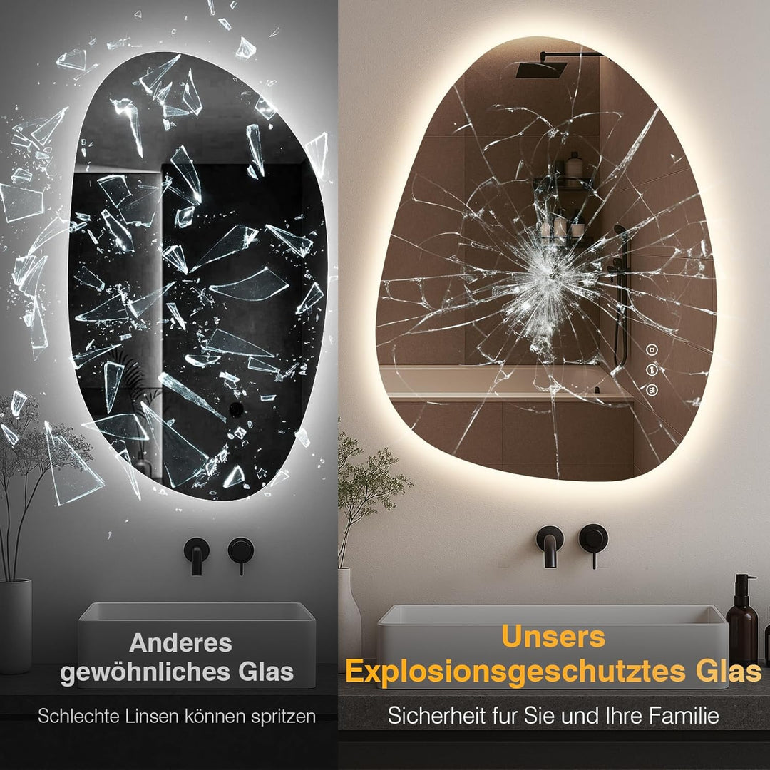 PESENXAN Asymmetrischer LED-Badspiegel mit Beleuchtung 65x50 cm, Beschlagfrei, 3 Lichtfarben Einstel