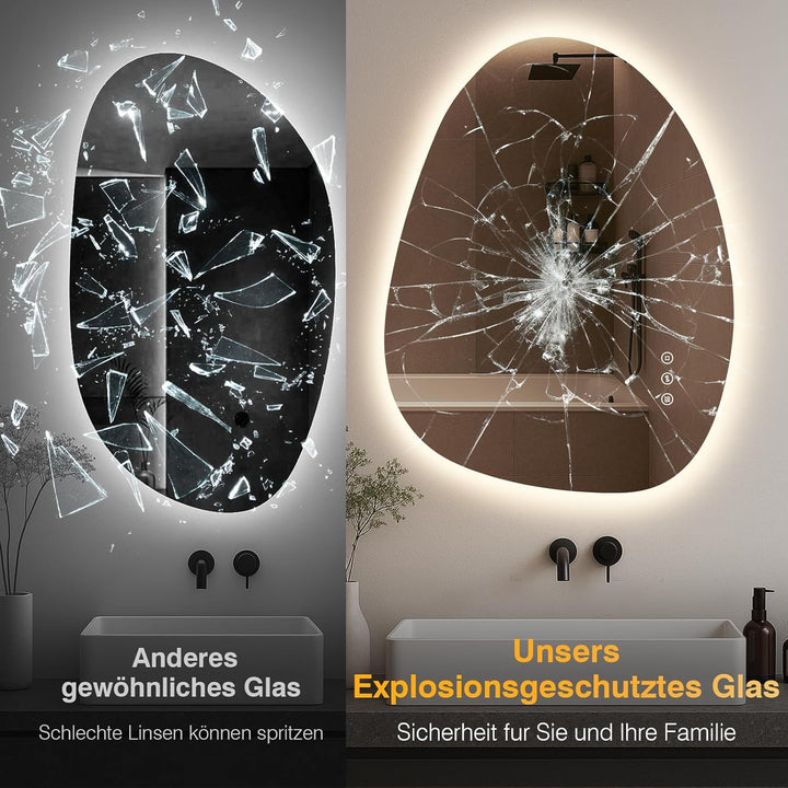 PESENXAN Asymmetrischer LED-Badspiegel mit Beleuchtung 65x50 cm, Beschlagfrei, 3 Lichtfarben Einstel