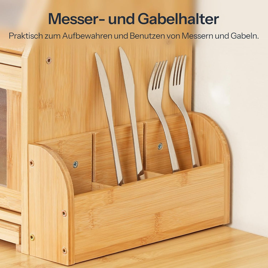 HOOBRO 2-stöckiger Brotkasten Bambus mit Schneidebrett und Besteckhalter, Brotbox mit Acryltüren, Br
