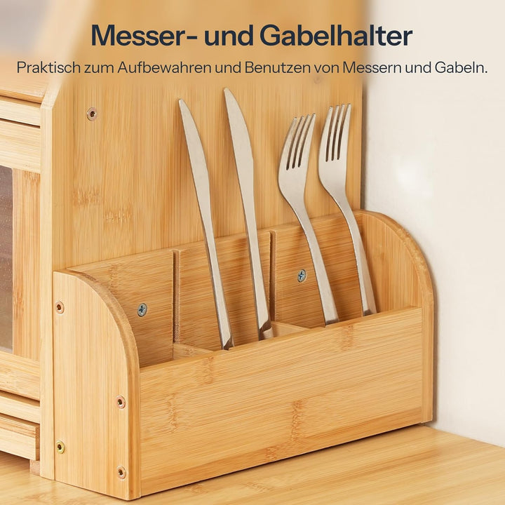 HOOBRO 2-stöckiger Brotkasten Bambus mit Schneidebrett und Besteckhalter, Brotbox mit Acryltüren, Br