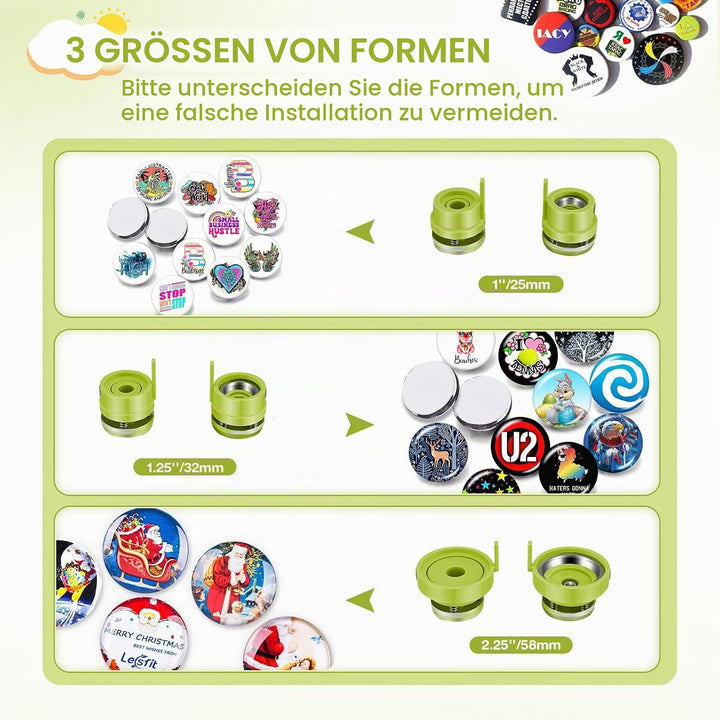 Buttonmaschine, 25+32+58 mm Button Maschine Presse Abzeichen 300 Sets Metall-Nadelrücken Badge-Teile