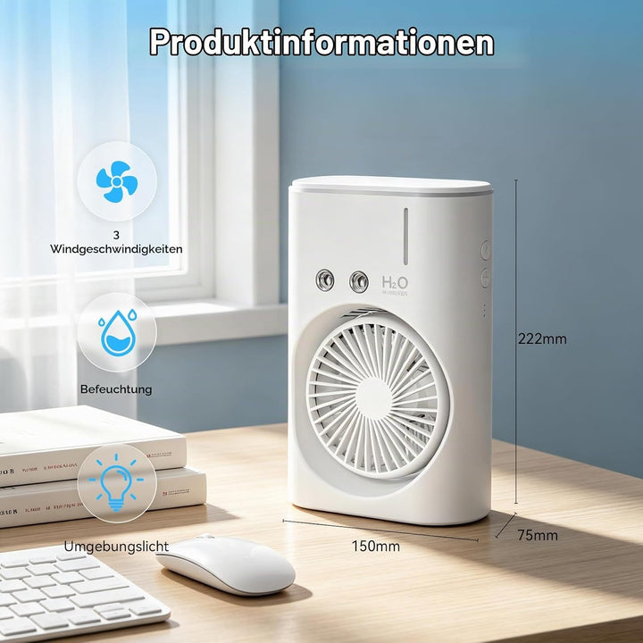 Tischventilator mit Sprühnebel, USB Aufladbarer Mini Ventilator mit 280ml Wassertank, 3 Windstufen,