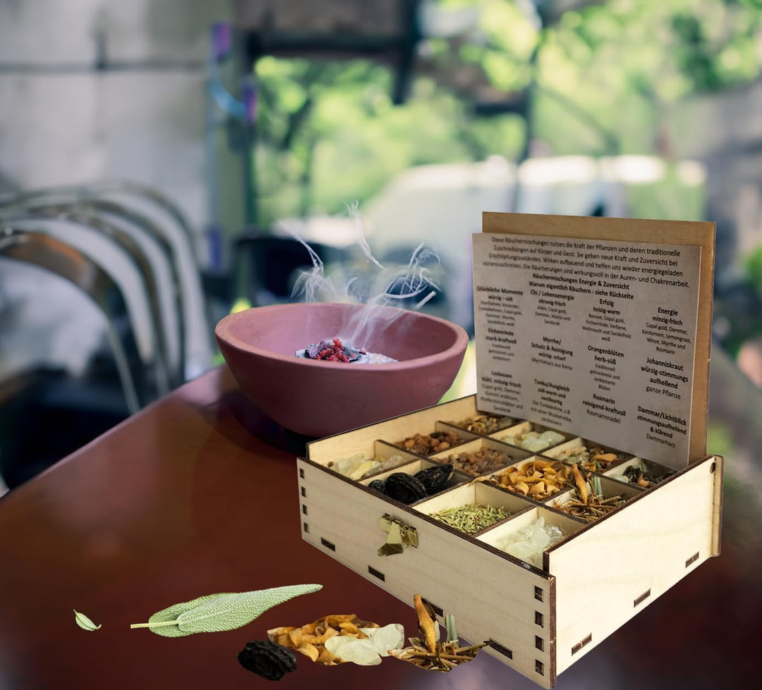 Räucherbox Geschenkbox mit 12 Sorten Räuchermischungen Räucherwerk für die Seele, 14 x 10 x 4 cm, R&