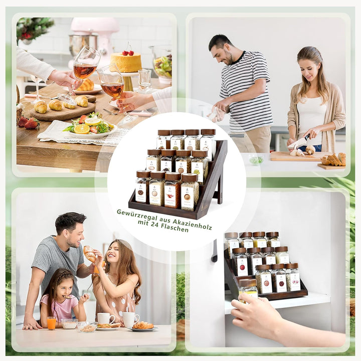 Gewürzregal Schublade mit 2-in-1 Akazien Gewürzregal Holz (FCM®) – 12x120ml Gewürzgläser Eckig, 120