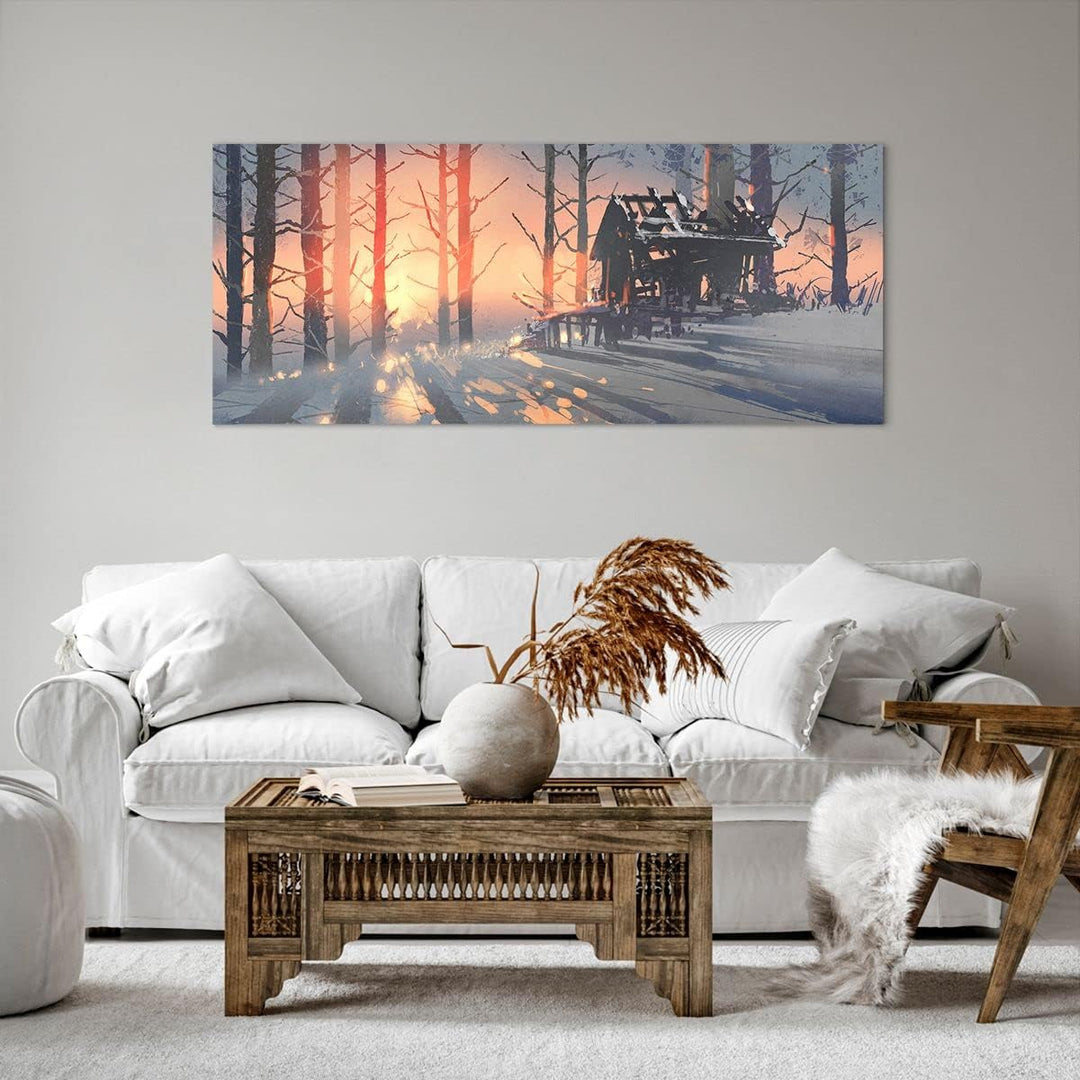 Wandbilder Dekoration Wohnzimmer Winter Wald Hütte Panorama Bilder auf Leinwand 120x50cm Leinwandbil