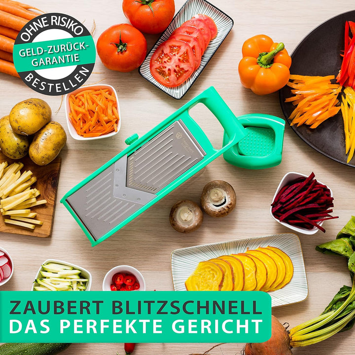 freegreen® GERMANY Obst- & Gemüsehobel aus Edelstahl mit V-Klinge & Auffangbehälter I Inklusive Gemü