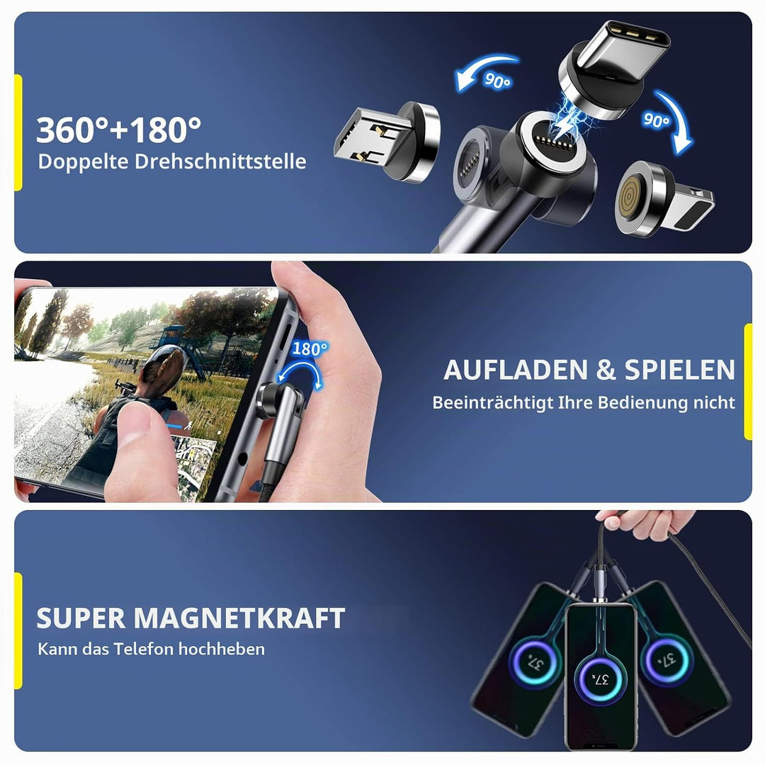 USB C kabel [4Pack 1m+2m+2m+3m] 3 in 1 ladekabel magnetisch 540 Grad Drehbarkeit Gerätestecker,Daten