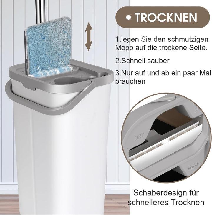 MASTERTOP Flachmopp und Eimer Set, Mikrofaser Bodenwischer mit 10 wiederverwendbaren Wischmopp-Pads