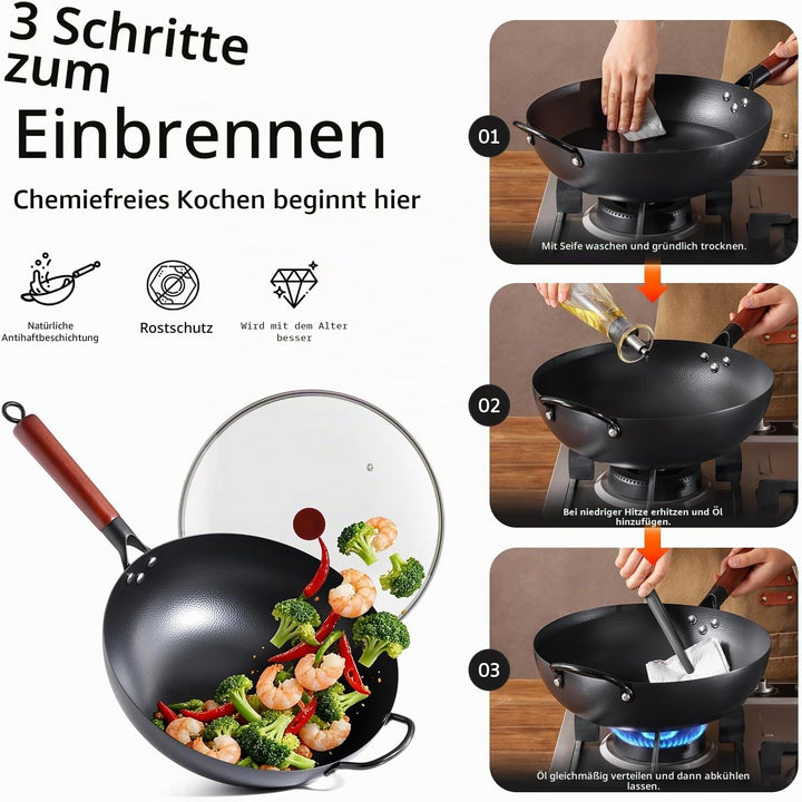 Kordisen 32 cm Wok aus Kohlenstoffstahl mit Deckel, flacher Boden, natürlich antihaftbeschichtet, ge