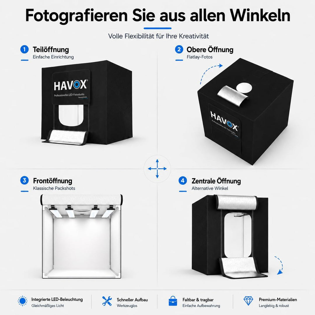 HAVOX - Fotostudio HPB-80XD - Masse 80x80x80cm - 4X Dimmbare LED-Beleuchtung Tageslicht 5500k - 26,0