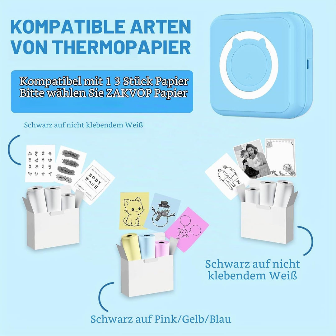 ZAKVOP Mini drucker, Mini drucker für Smartphone, fotodrucker für Smartphone, tragbar Thermal Drucke