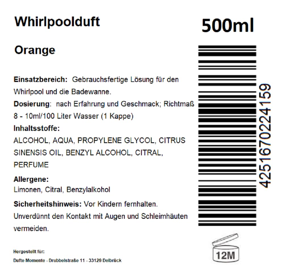Dufte Momente | Whirlpool Duft Orange 500ml | mit naturreinen und natürlichen ätherischen Ölen | kei