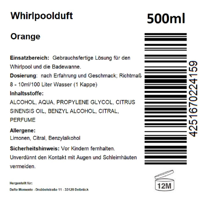 Dufte Momente | Whirlpool Duft Orange 500ml | mit naturreinen und natürlichen ätherischen Ölen | kei