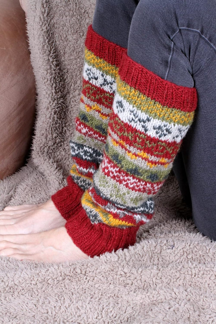 Legwarmer für Damen, 100 % Wolle, handgestrickt, Fair-Isle-Muster, rostfarben, mehrfarbig, normale P