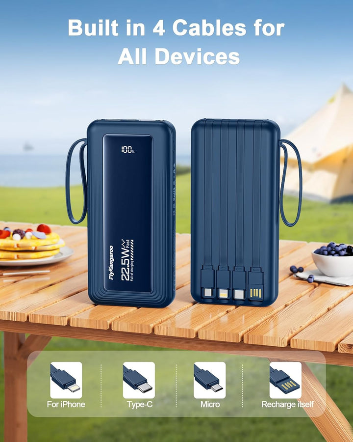 Powerbank mit integrierten Kabeln, 10000mAh, 22,5W Schnellladefunktion, USB-C LED-Anzeige, tragbares