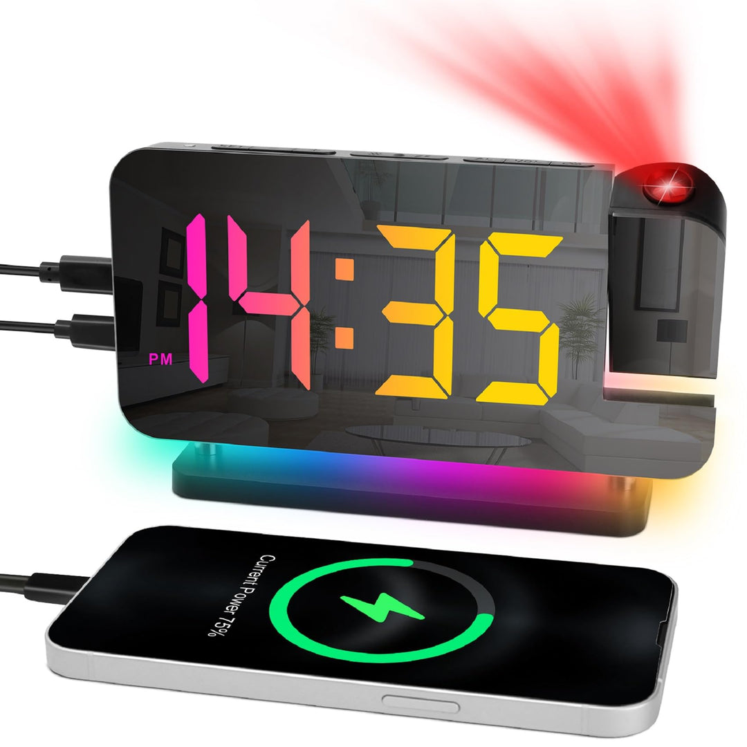 Cuteefun Projektionswecker, Wecker mit Projektion, Projektionsuhr mit Dualem USB C/A Ladeanschluss,