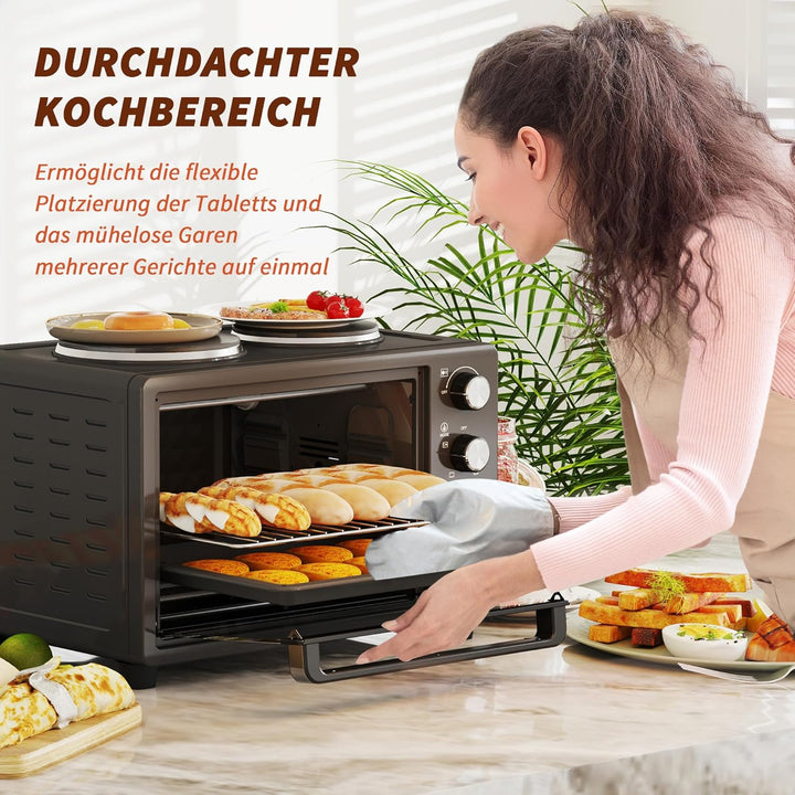 HOMCOM Minibackofen 28 L 2600W 100-230℃ Pizzaofen mit 60 Min. Timer, Grillrost 2 Kochplatten, Backbl