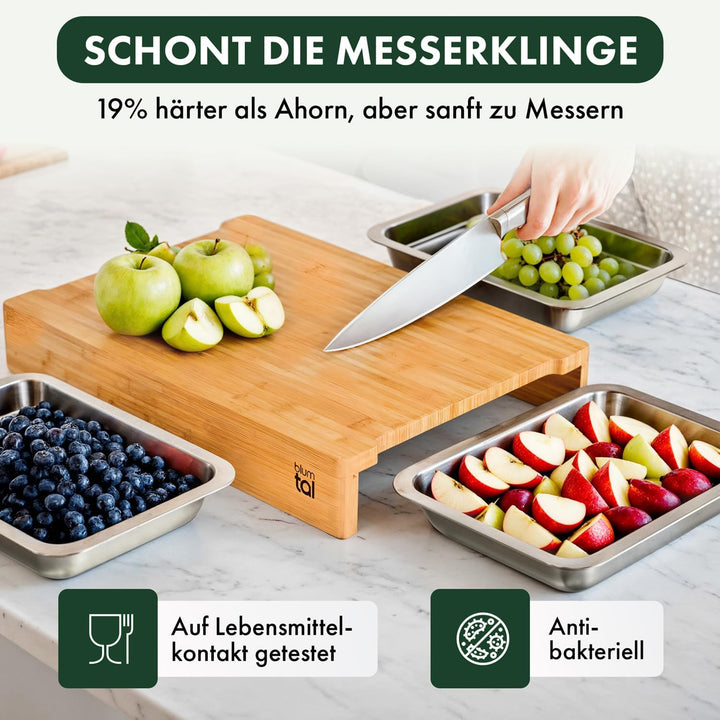Blumtal Schneidebrett aus 100% Bambus - antibakteriell Holz-Brett mit Saftrille, Holz-Brettchen, 2 G