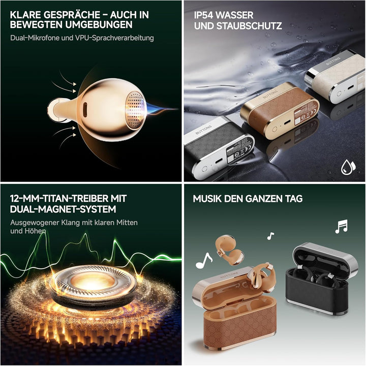 BUTTONS Clip Open-Ear Kopfhörer mit 12-mm Titan-Treiber, klarer Anrufqualität, ultraleichtem druckfr