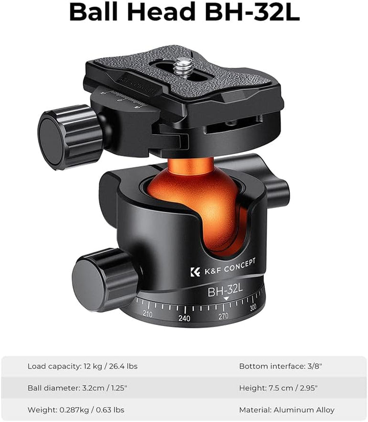 K&F Concept 32mm Metal Stativkopf, Kugelkopf mit niedrigem Profil, Ball Head mit Arca Swiss-Schnellw