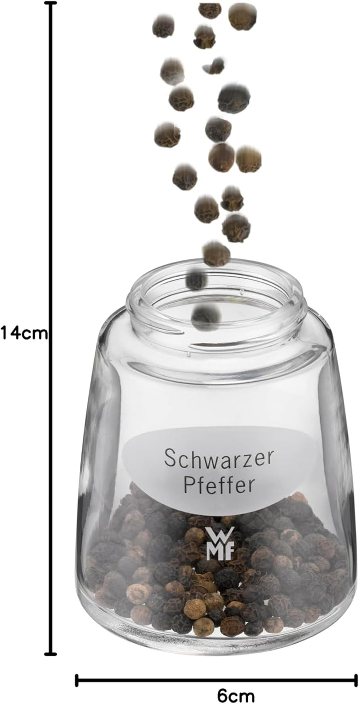 WMF De Luxe Salz und Pfeffermühle Set 2-teilig, befüllt, Cromargan Edelstahl, Glas, Keramikmahlwerk,