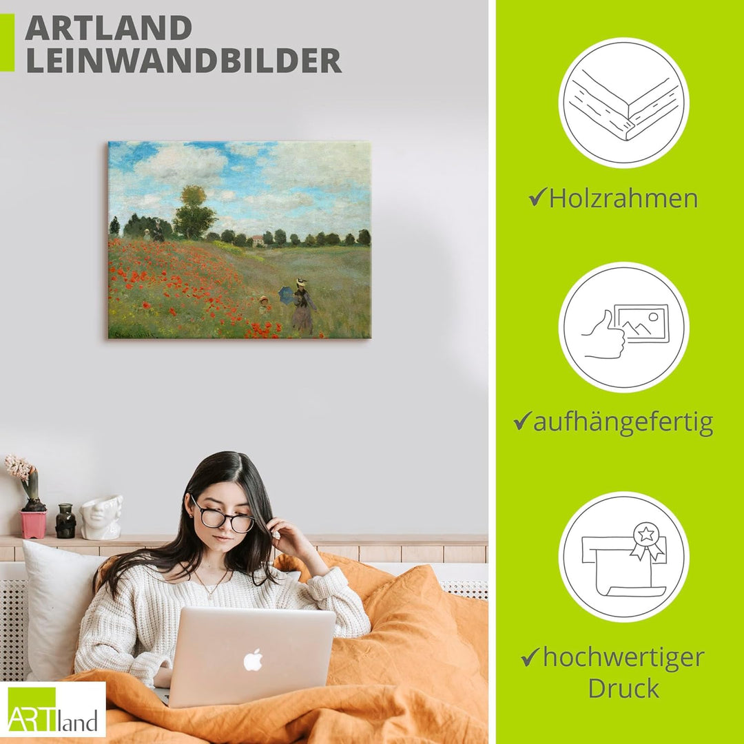 ARTland Leinwandbilder Wandbild Bild auf Leinwand 80x60 cm Wanddeko Wiese Sommer Bäume Mohnblumen Wa