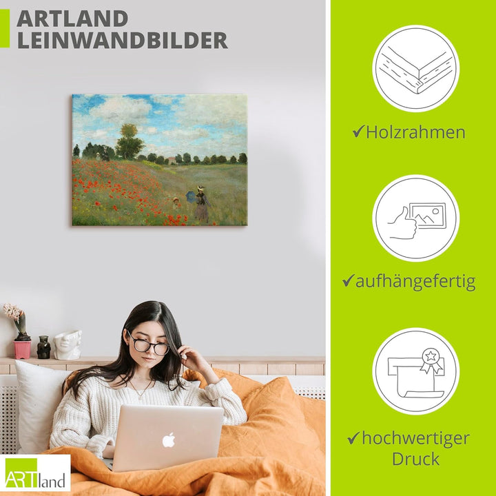 ARTland Leinwandbilder Wandbild Bild auf Leinwand 80x60 cm Wanddeko Wiese Sommer Bäume Mohnblumen Wa