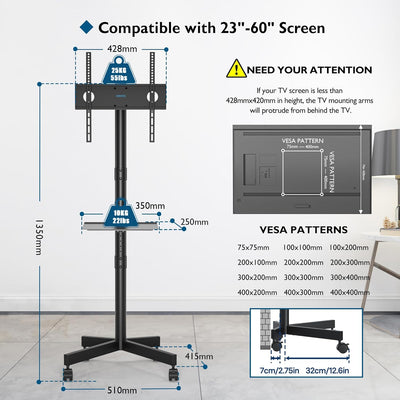 BONTEC Mobiler TV Ständer auf Rollen für 23-60 Zoll Plasma/LCD/LED Fernseher, Tragbarer mit Laptopab