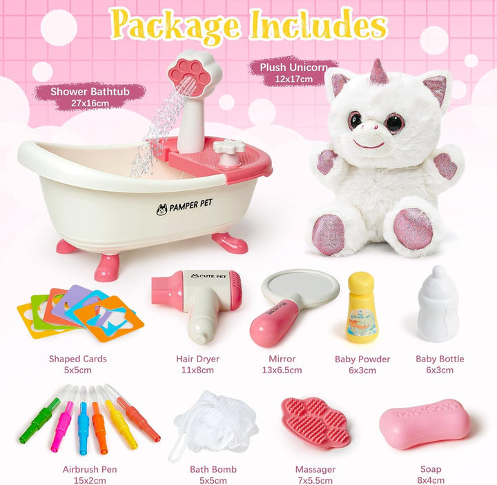 Einhorn Geschenke für Mädchen, Spielzeug Einhorn Kuscheltier mit Drück-Wasser-Badewanne & Waschbaren