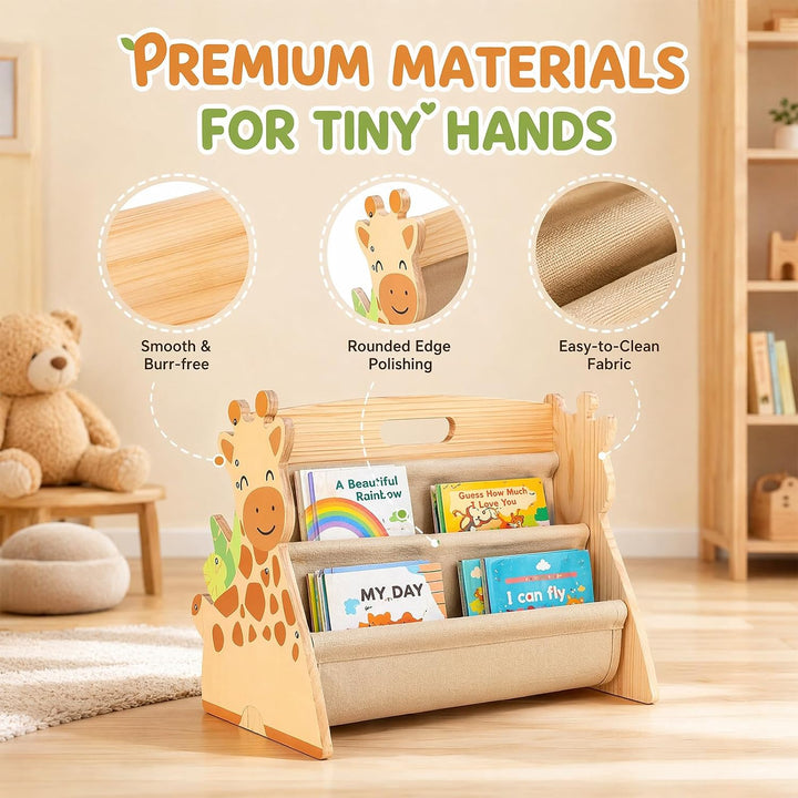 Bücherregal Kinder, doppelseitiges Holzregal mit robusten Canvas-Taschen, Montessori Bücherregal Kin