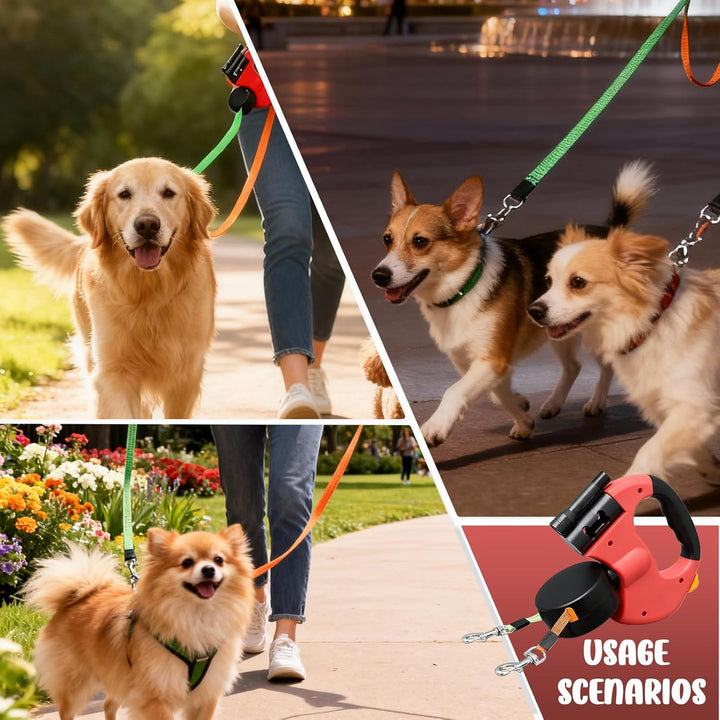 Einziehbare Hundeleine für 2 Hunde, 3m Doppelleine für 2 Hunde mit Licht, Anti Rutsch Griff, auszieh