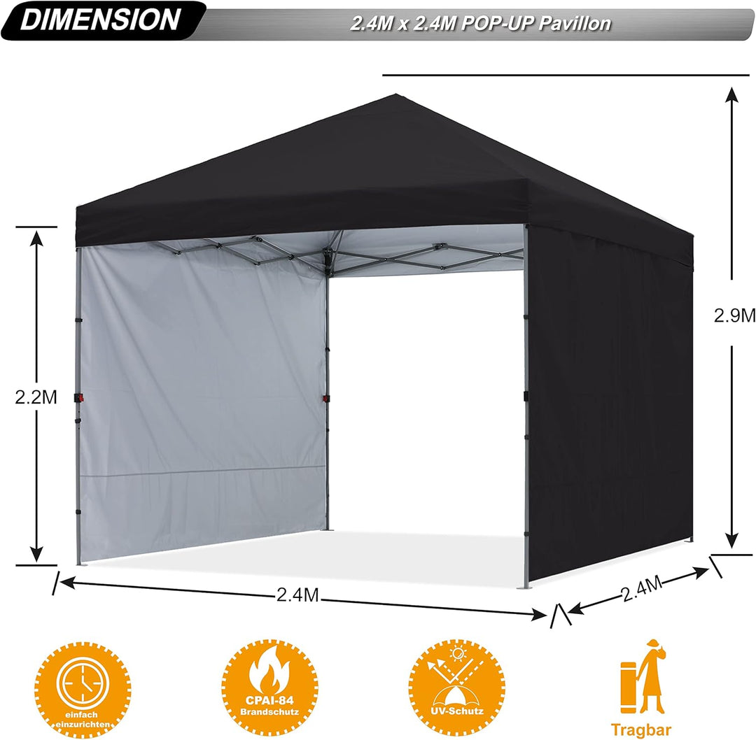 ABCCANOPY Faltpavillon UV50+ mit 2 Seitenwänden, Schwarz 270 cm | 500D Polyester,wasserdicht, 4 Sand