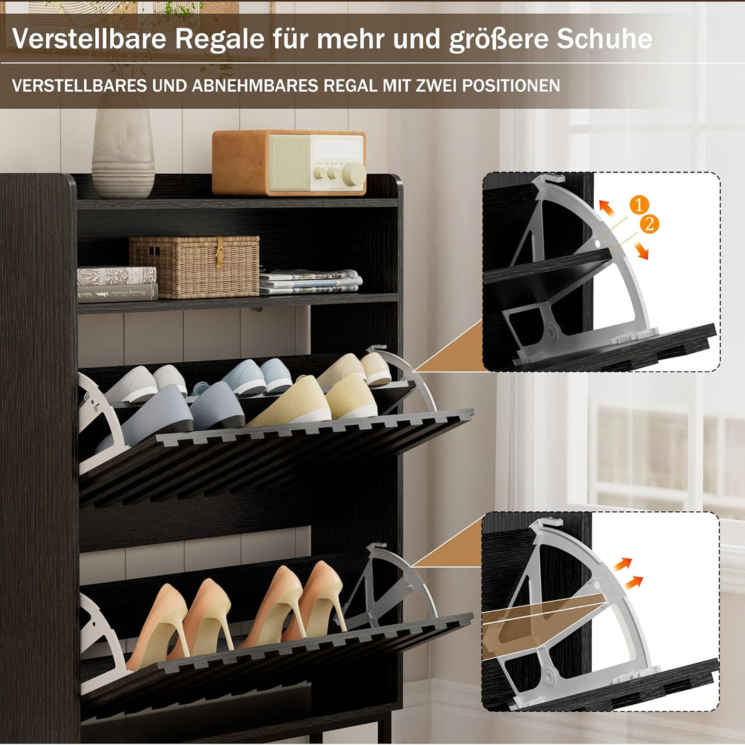 UEV Schuhschrank mit 2 Klappen Schmal, Schuhkipper für Flur Wohnzimmer, Schuhkommode mit Kippschutz,