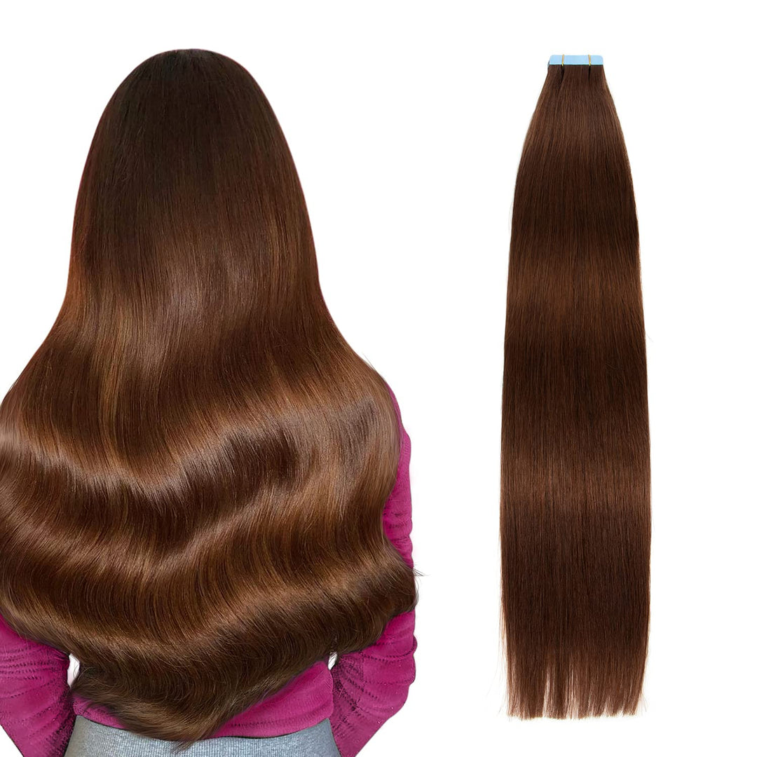 AGMITY Tape Extensions Echthaar, 40cm Schokoladenbraun Gerade Nahtlos 20 Stück/Packung Remy Invisibl