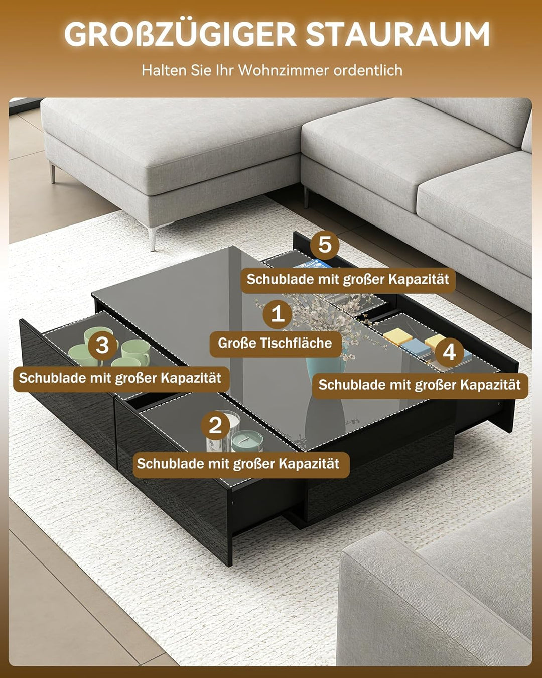 Couchtisch Schwarz Hochglanz mit 16 Farben LED, Dimmbare Beleuchtung, Moderner Wohnzimmertisch mit 4