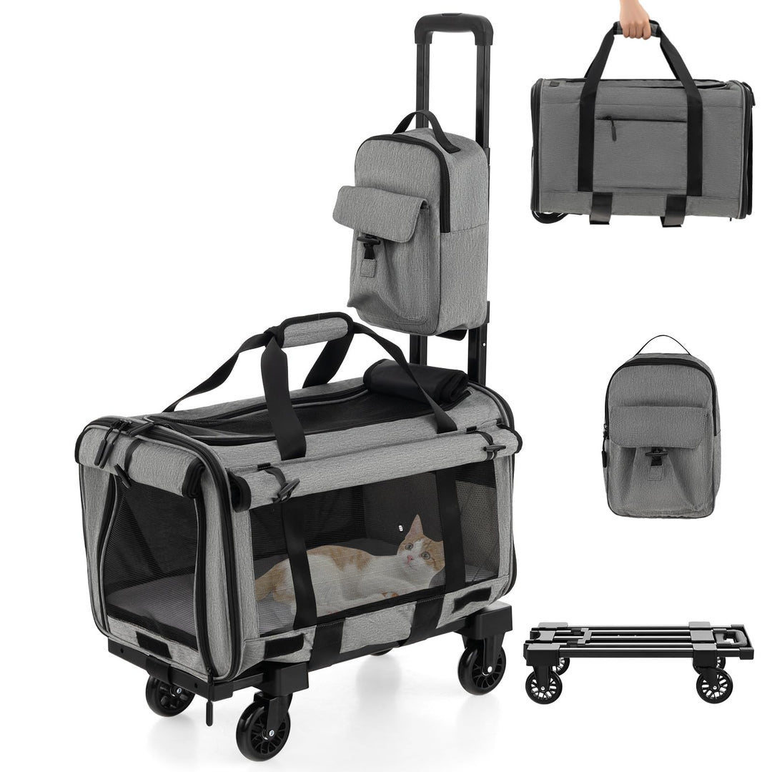 SORAS Transportbox Katze 57 x 34 x 34 cm, Flatbare Transporttasche für Hund mit Rädern, Teleskopgrif