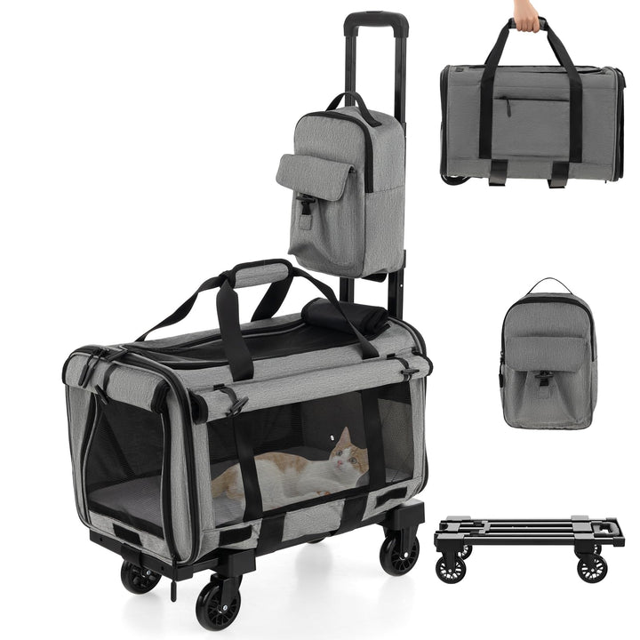 SORAS Transportbox Katze 57 x 34 x 34 cm, Flatbare Transporttasche für Hund mit Rädern, Teleskopgrif