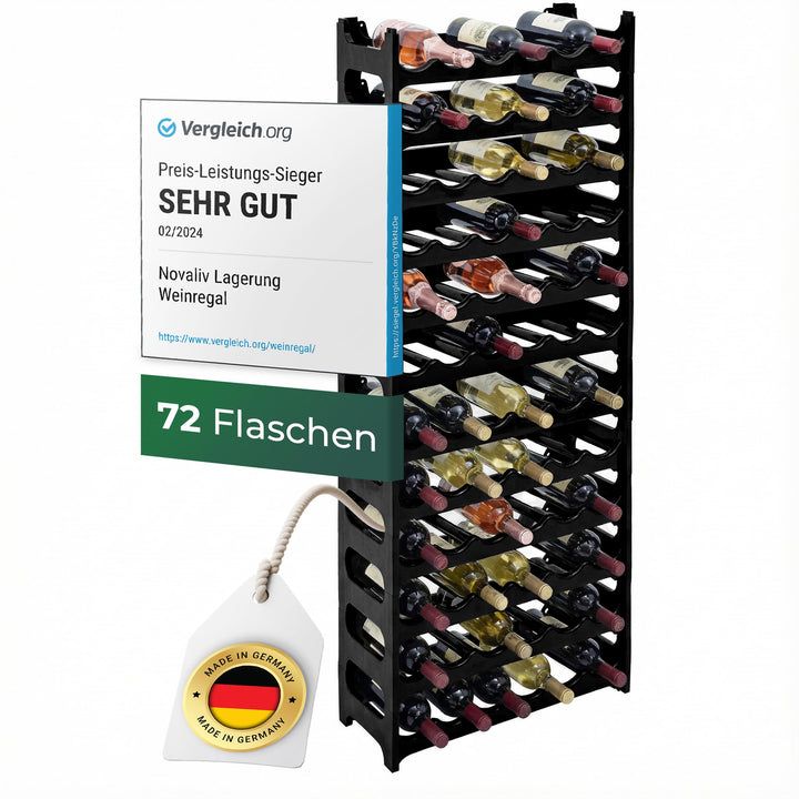 Novaliv Weinregal für 72 Flaschen | Flaschenregal schwarz | Regal stabilem Kunststoff (Schwarz, 12)