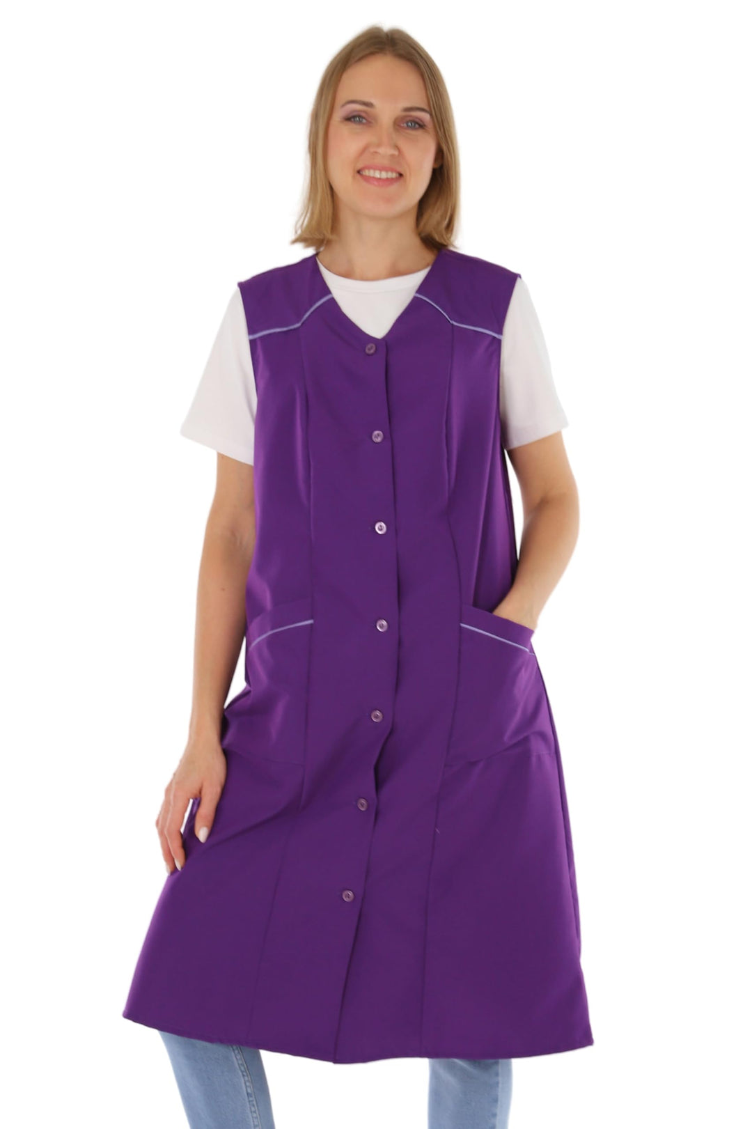 Damenkittel ohne Arm Kochschürze Kittel Schürze Knopfkittel einfarbig Hauskleid 42 Lila, 42 Lila