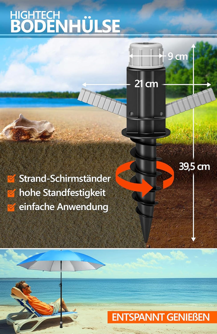 4smile Sunnyjoy Sonnenschirm Strand 3-IN-1 Set - Strandschirm windfest stabil, UPF 50+ Sonnenschirm