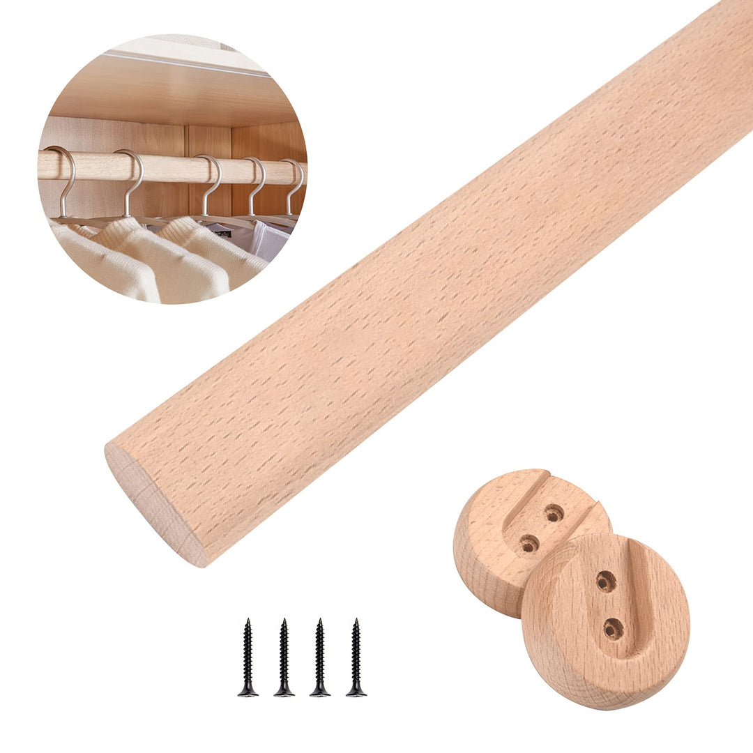 abodos Kleiderschrankstab, natürliche Buchenholz-Holzschleifungsstange mit 2 Halterung, Stütze und S