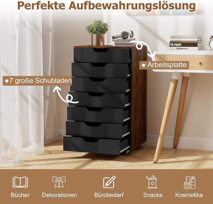 COSTWAY Rollcontainer mit 7 Schubladen, mobiler Aktenschrank mit Rädern, Bürocontainer Schubladensch