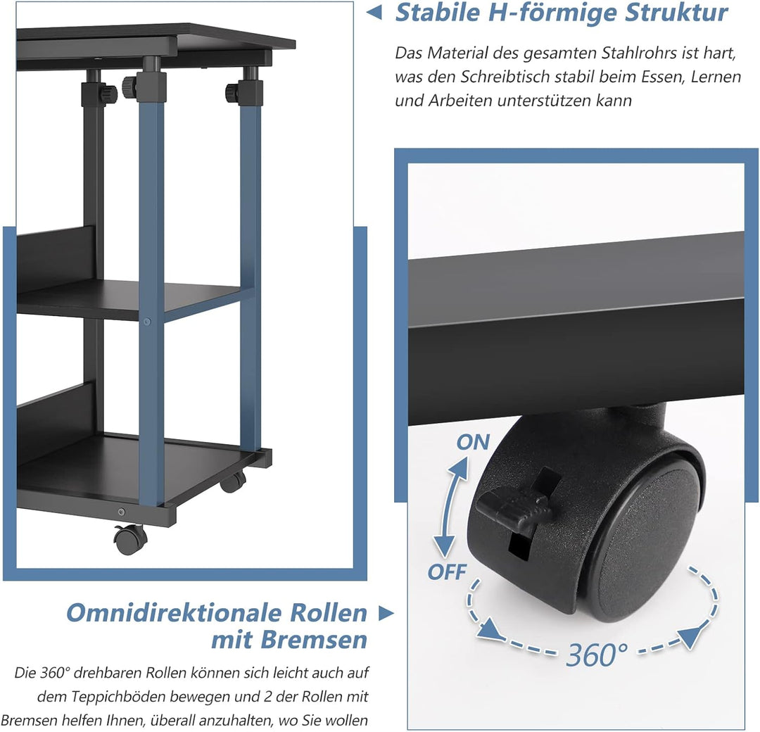 Dripex Beistelltisch mit Rollen Laptoptisch Höhenverstellbar Schreibtisch aus Holz, Sofatisch Nachtt