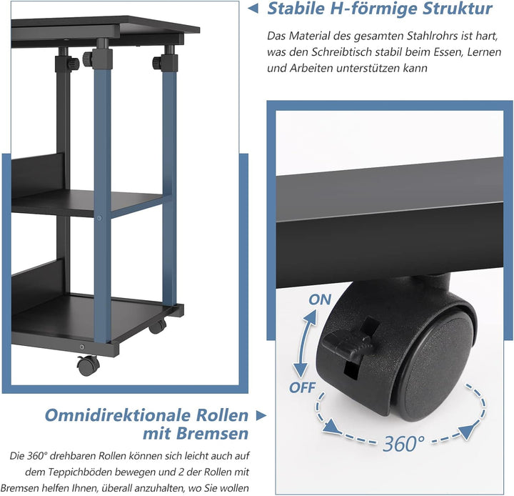 Dripex Beistelltisch mit Rollen Laptoptisch Höhenverstellbar Schreibtisch aus Holz, Sofatisch Nachtt