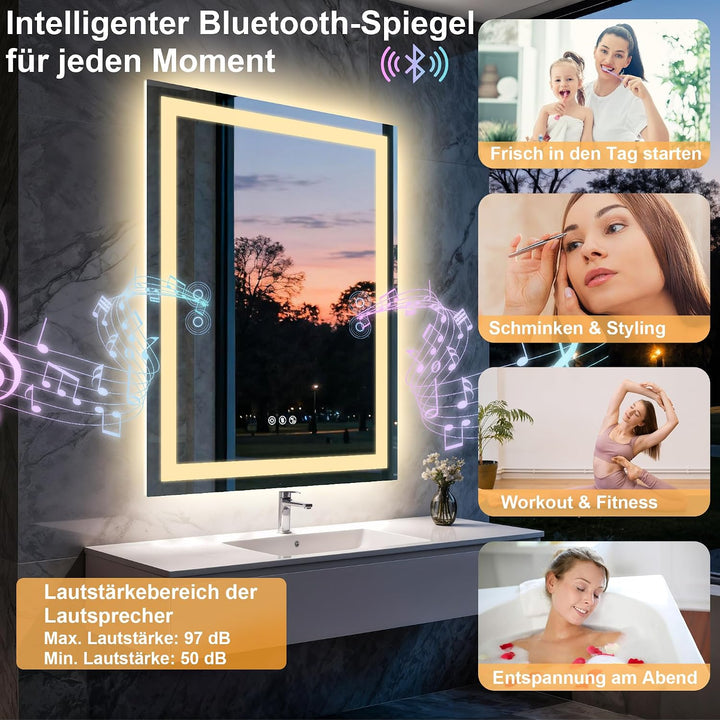 Olyvren Badspiegel Mit Beleuchtung50x70cm,Spiegel Mit Beleuchtung Bluetooth Dual Lautsprecher,Antibe