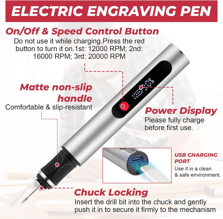 Flintronic Gravierstift, Kabelloser Elektrischer Gravierstift mit 30 Bits, Mini Gravierwerkzeug 3-Ga